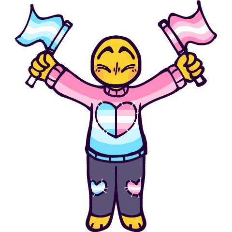 a drawing of a cartoony generic yellow human happily standing with their arms outstretched and holding up two small handheld flags, one in each hand. The lines are a very dark purple, except for the white stitches on the clothes. The person is wearing a 5 stripe pink and blue male-female flag sweater with a heart stitched onto the front, and purple leggings with heart-shaped patches on the knees. Their feet appear to be like paws, their head is very round - almost a circle - and bald, and they only have four fingers. Their eyes are squinted shut, and their eyebrows are raised high in an excited expression. They have no visible mouth and a nose is only loosely implied. the left flag and hearts are the male flag, while the right are the female flag..